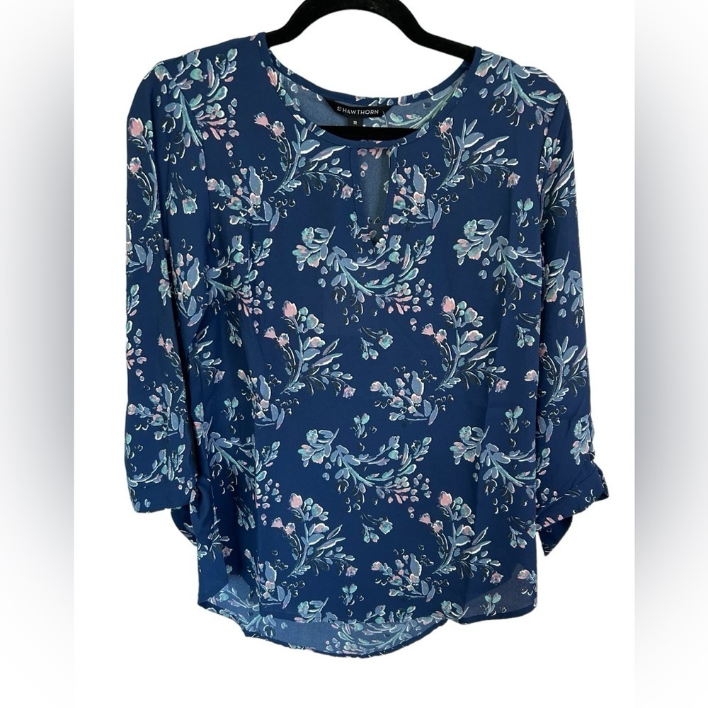 41 Hawthorn blue floral sheer 3/4 sleeve tie wrist blouse Size XS NWT